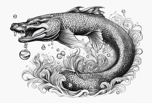 sea serpent underwater with fish and bubbles tattoo idea