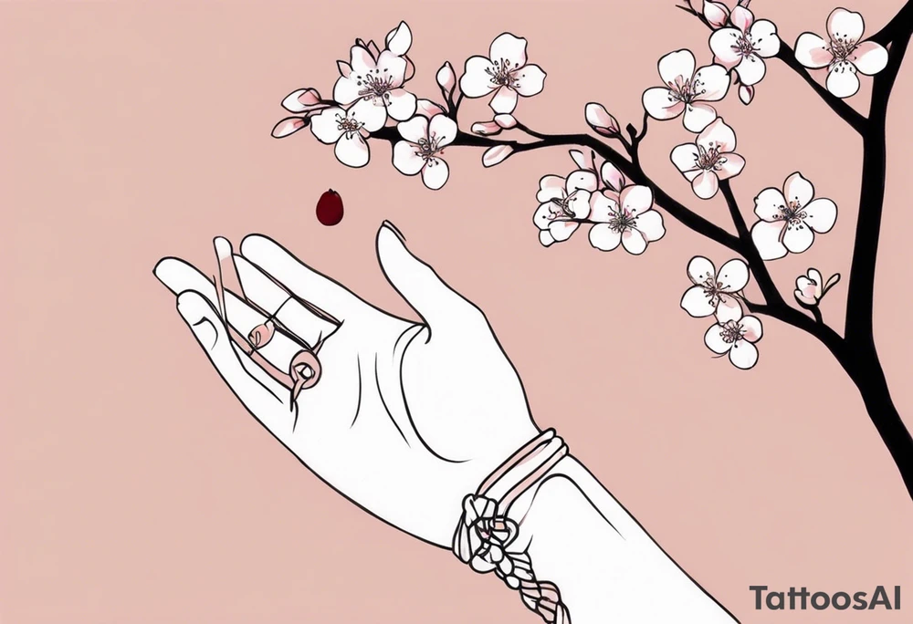Sure thing! To guide the AI in drawing your tattoo design, you can provide step-by-step instructions like this:

1. Start by drawing a human hand pointing at a skeleton hand on the left shoulder.
2. From the wrist of the human hand, draw a cherry blossom branch sprouting out.
3. Let the branch travel down the arm, wrapping around the bicep once.
4. Narrow the branch to fit through a 7 cm gap on the forearm.
5. Finally, end the branch in a 10 cm gap on the wrist, adding more blossom flora to complete the design.

These detailed instructions should help the AI create a visual representation of your envisioned tattoo. tattoo idea