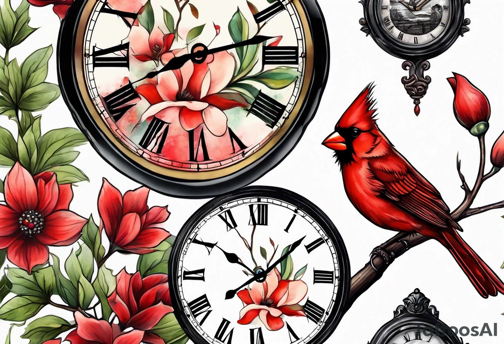 Trees, flowers, clock, red cardinal, representing growth from grief tattoo idea