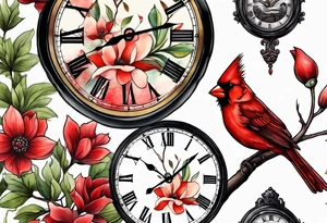 Trees, flowers, clock, red cardinal, representing growth from grief tattoo idea