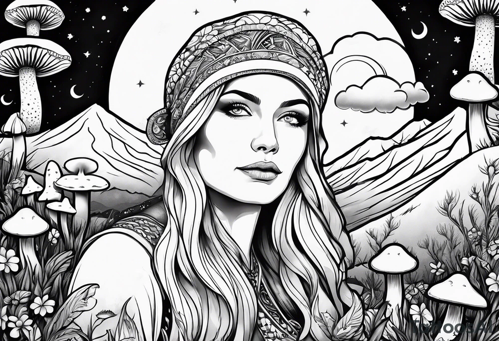 Blonde long straight hair older woman surrounded by mushrooms facing mountains crescent moon background tattoo idea