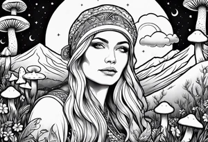 Blonde long straight hair older woman surrounded by mushrooms facing mountains crescent moon background tattoo idea