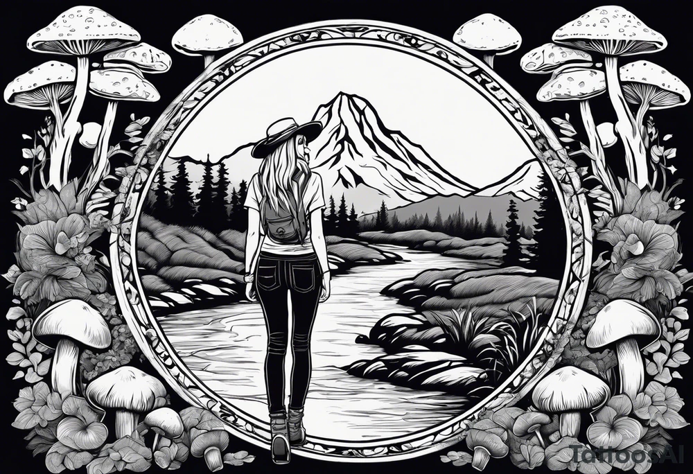 Whole picture encircled fully

Straight long blonde hair hippie girl in distance holding mushrooms in hand facing away toward mountains and creek surrounded by mushrooms long sleeve shirt and hiking pants; whole rendering within a full circle, no cut off circle tattoo idea