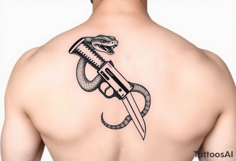 Snake wrapped around gun and knife tattoo idea