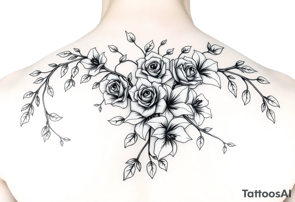 Orchard vines with roses and lilies tattoo idea