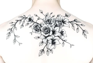 Orchard vines with roses and lilies tattoo idea
