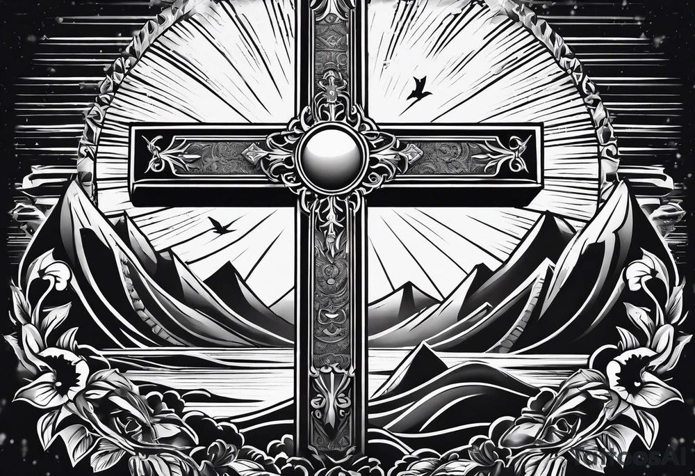 Tomb with cross and sun in the background tattoo idea