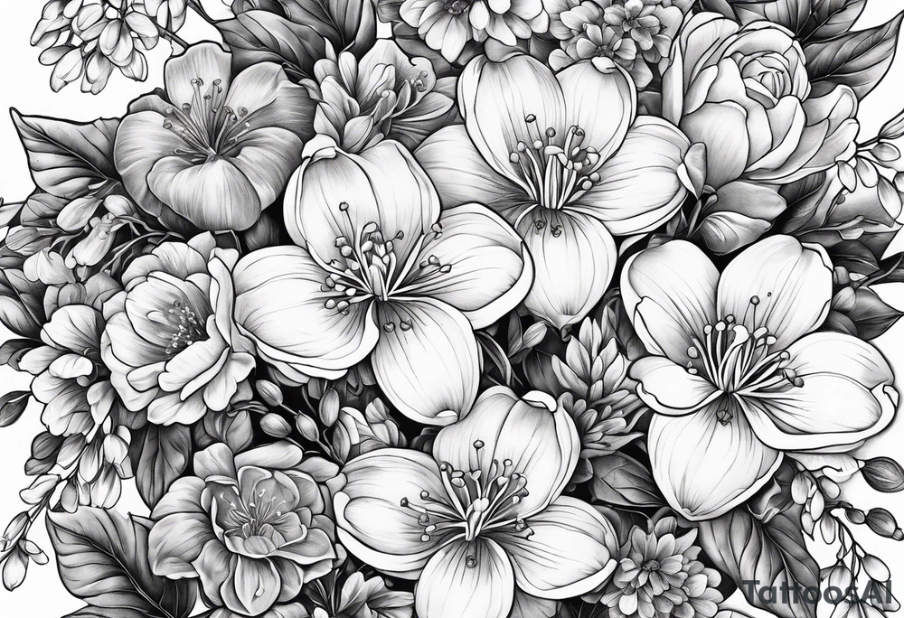 Bouquet with One snowdrop, One hawthorn flower, Two honeysuckle blooms, tattoo idea