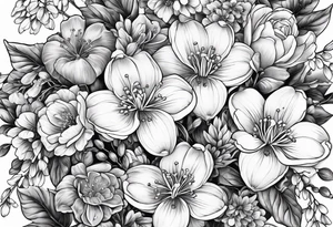 Bouquet with One snowdrop, One hawthorn flower, Two honeysuckle blooms, tattoo idea