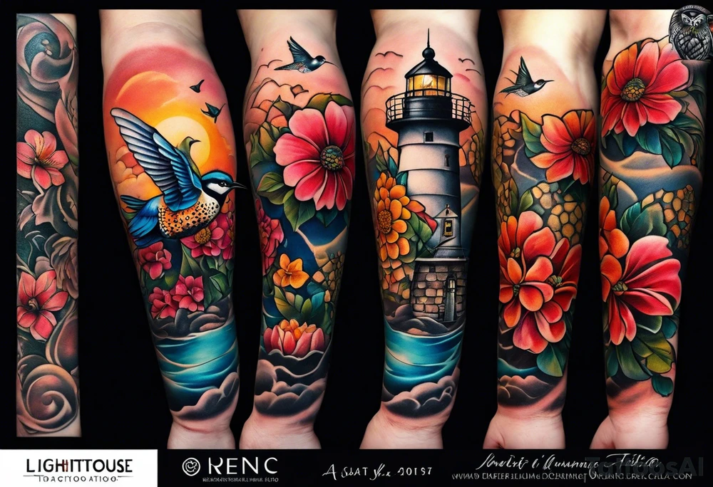 A lower forearm sleeve full colour coming down from a bicep with flowers joined with honeycombs, Mandela flowers, humming bird, and owl.  Lighthouse. tattoo idea
