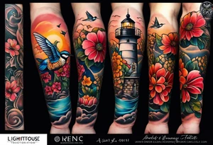 A lower forearm sleeve full colour coming down from a bicep with flowers joined with honeycombs, Mandela flowers, humming bird, and owl.  Lighthouse. tattoo idea