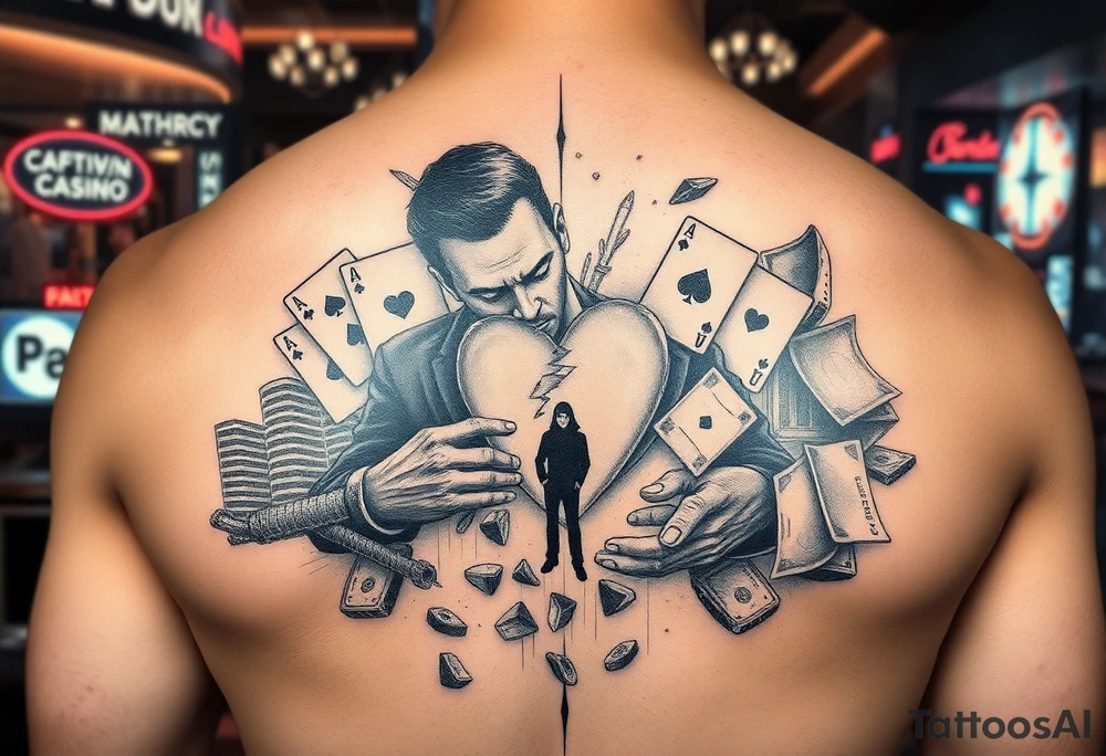 cyberpunk storytelling tattoo for full back, futuristic city casino scene, broken man surrounded by holographic poker cards, shattered heart, falling money, ghost silhouette of a lost lover, neon lights, dramatic lighting, ultra detailed futuristic tattoo design tattoo idea