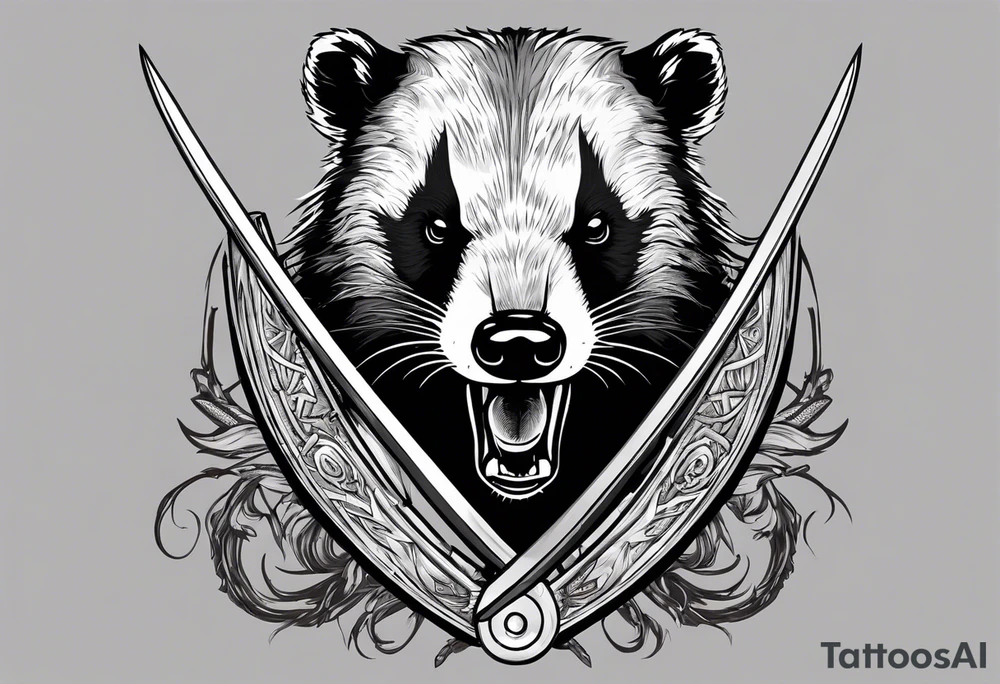 Draw me hunting badger with aggressive full body, killer face with a smile, very long nails and he attacks like a bloody gladiator to enemy and also he has very deadly looking. The only weapon is his braveness he fights with his nails. Everybody scares after their first sight. And horror type Badger this is. tattoo idea