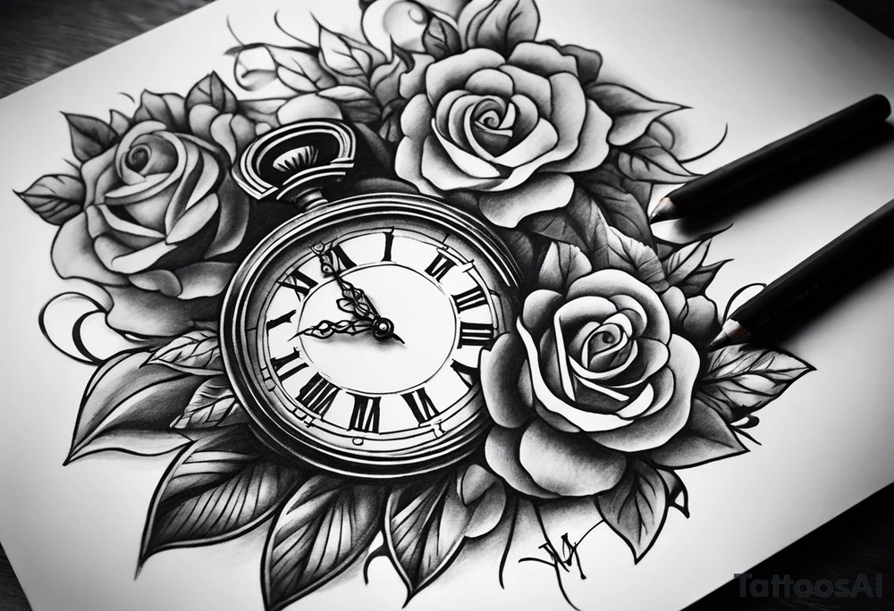 Draw me a tattoo located on the shoulder and upper arm of a man. The tattoo represents a clock and  an hourglass with Roman numerals in the background. It is a symbol of the passing of time. tattoo idea