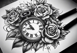 Draw me a tattoo located on the shoulder and upper arm of a man. The tattoo represents a clock and  an hourglass with Roman numerals in the background. It is a symbol of the passing of time. tattoo idea