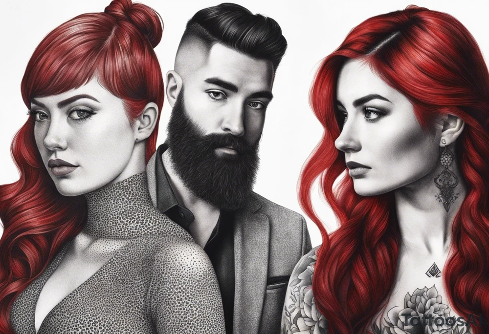Busty red haired woman with a bearded man who has black hair tattoo idea
