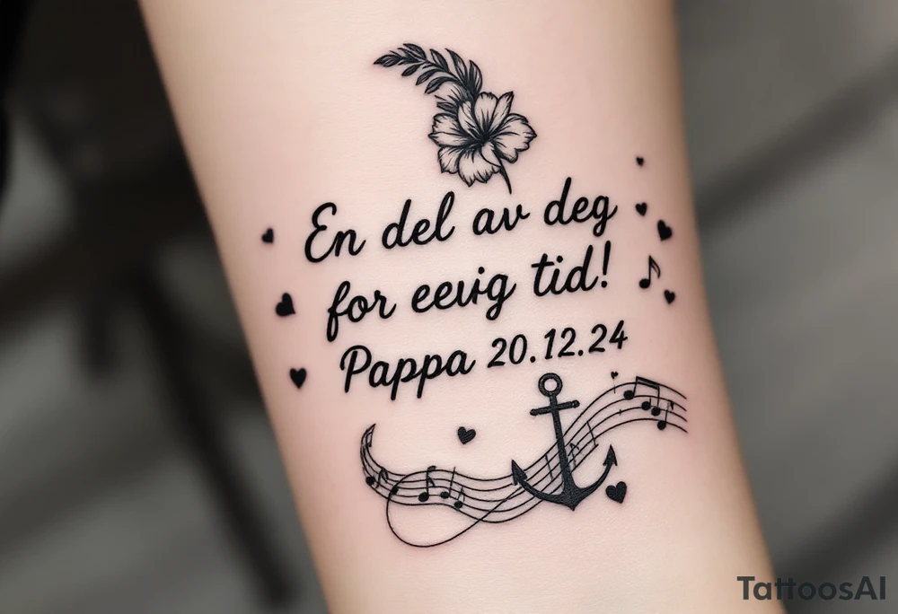 make a quote that says "En del av deg for evig tid! Pappa 20.12.24" Surrounded by gladiolus, music notes, hearts and an anchor tattoo idea