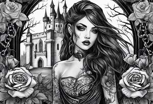 tattoo fool sleeve, dark gothic castle, tree roots break out of the chains, broken mask, girl, roses tattoo idea