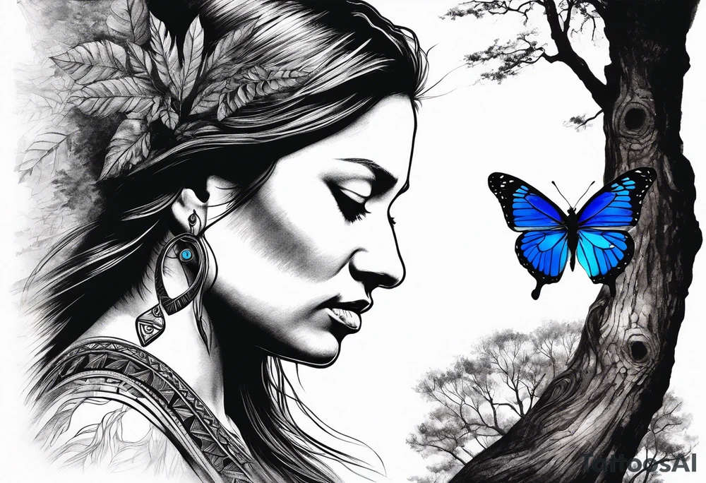 Tree with upper left branches forming a native American woman's face as she looks down onto the trees base and a lonely woman kneels there with 1 blue butterfly tattoo idea