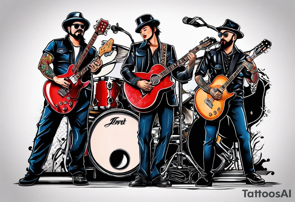 Just 4 fun band with guitar and drums three guys and one lady singer tattoo idea