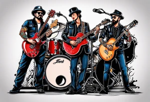 Just 4 fun band with guitar and drums three guys and one lady singer tattoo idea