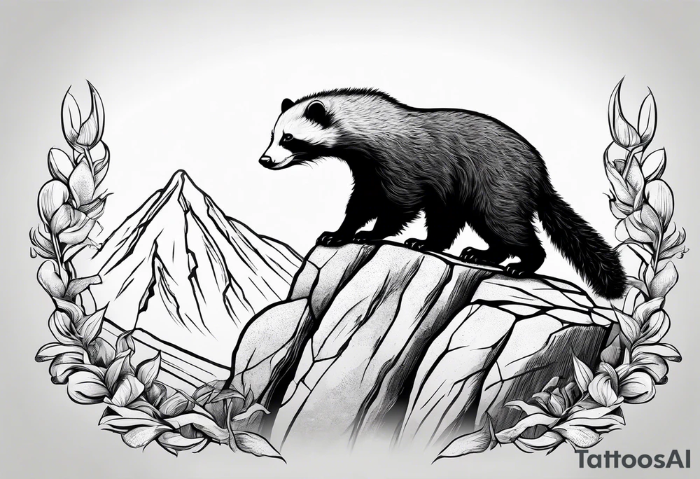 honey badger climbing over steep rock, claws near head, gentle face, legs hanging on trying to get over tattoo idea