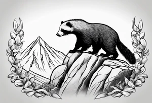 honey badger climbing over steep rock, claws near head, gentle face, legs hanging on trying to get over tattoo idea