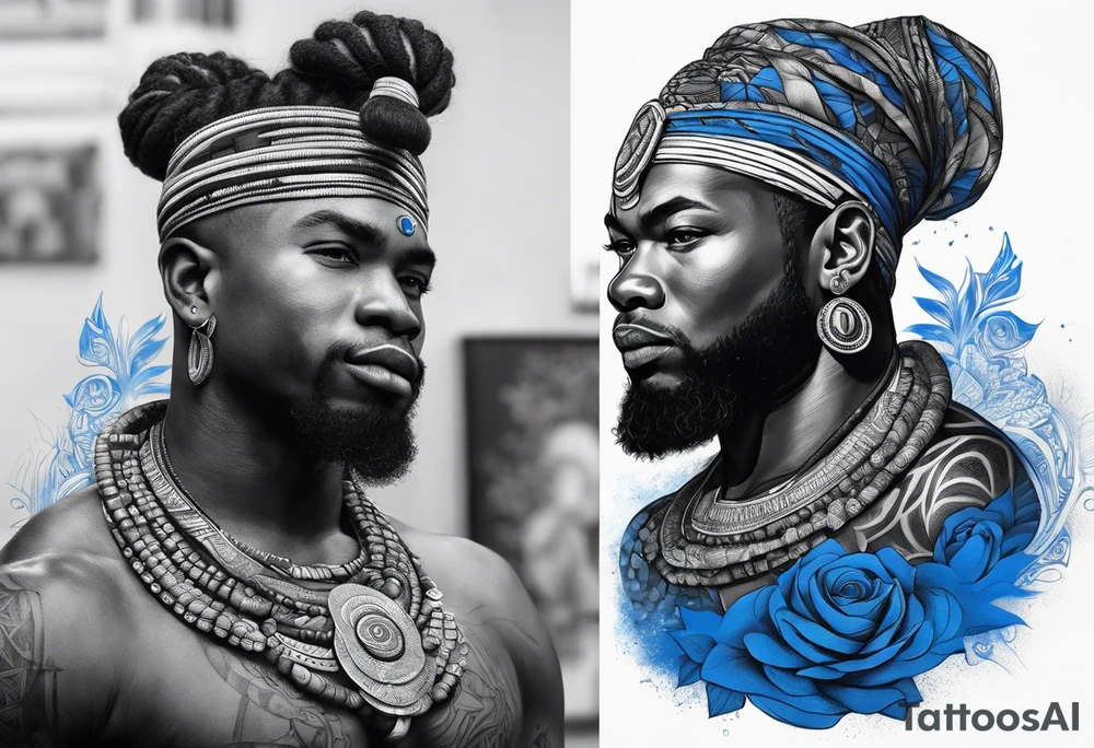 ogun guerreiro africano realista em preto e cinza com tons de azul
 no fudo tattoo idea