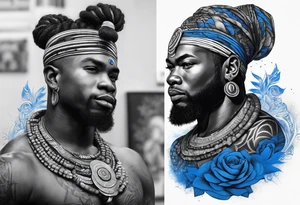 ogun guerreiro africano realista em preto e cinza com tons de azul
 no fudo tattoo idea