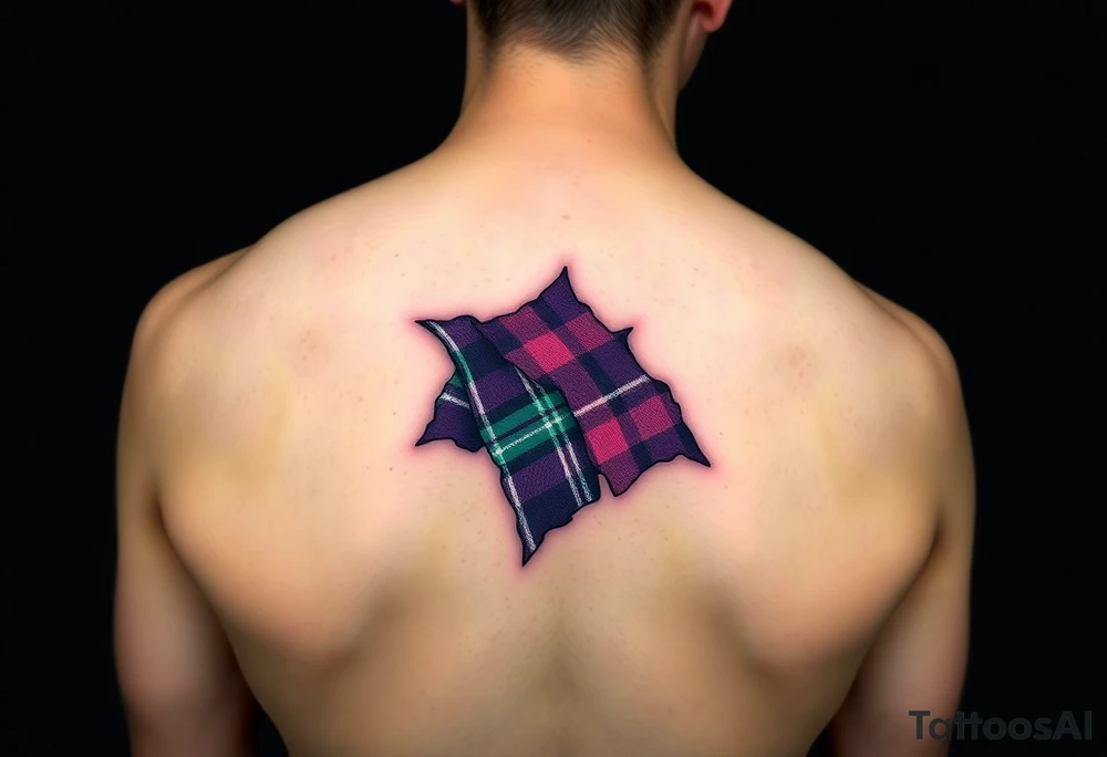 Dark Purple with green pink blue and white highlights tartan fabric with flesh peeling away at edges wrapping around shoulder tattoo idea