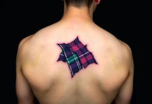 Dark Purple with green pink blue and white highlights tartan fabric with flesh peeling away at edges wrapping around shoulder tattoo idea