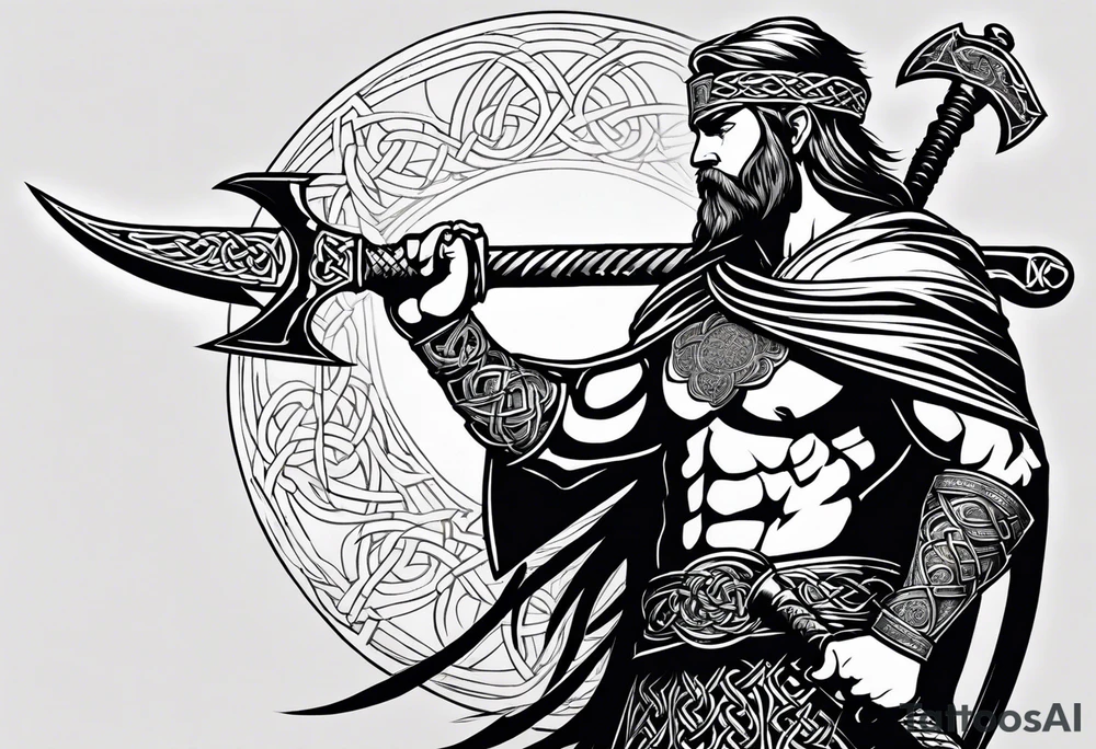 Full body side profile of
Celtic warrior with short hair, a sword in one hand and an axe in the other. tattoo idea