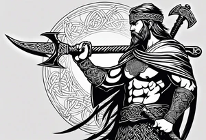 Full body side profile of
Celtic warrior with short hair, a sword in one hand and an axe in the other. tattoo idea