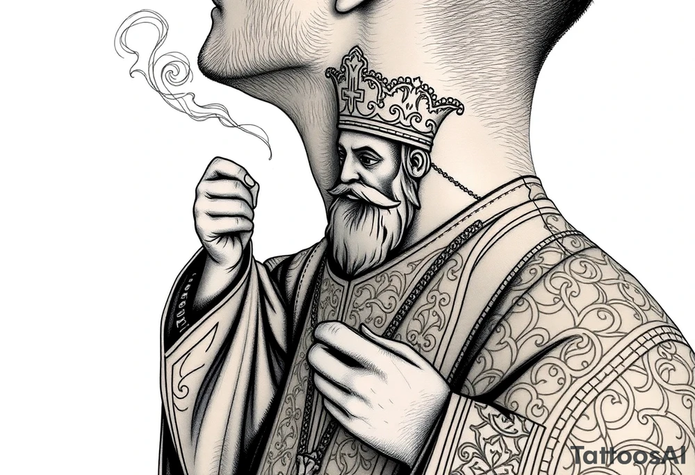 A Russian Orthodox Priest in full gold vestments swinging a censer with smoke curling upward 

The ornate robes give incredible fine line detail
The incense smoke could flow and connect to other elements
It ties directly into the church and Virgin Mary you already have
Very culturally authentic to the overall theme tattoo idea