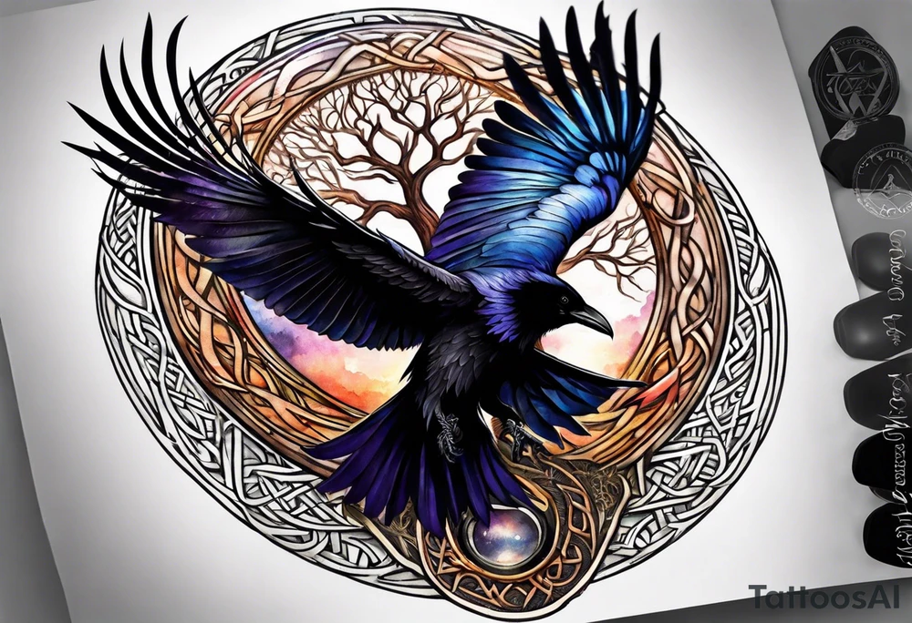 world tree with a raven and knotwork sleeve tattoo tattoo idea