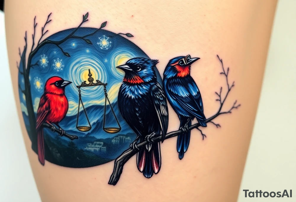 2 birds as the focus, 1 red bird in a suit, 1 navy blue bird with glasses, scales of justice in a tree, starry night painting and mountain background tattoo idea