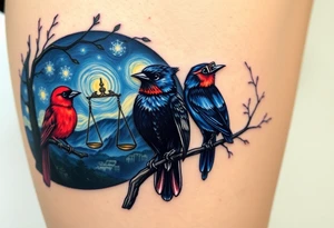 2 birds as the focus, 1 red bird in a suit, 1 navy blue bird with glasses, scales of justice in a tree, starry night painting and mountain background tattoo idea