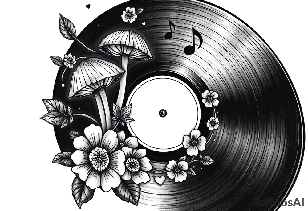 vinyl record with mushrooms, flowers, hearts, and music notes tattoo idea