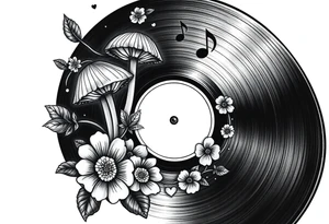 vinyl record with mushrooms, flowers, hearts, and music notes tattoo idea
