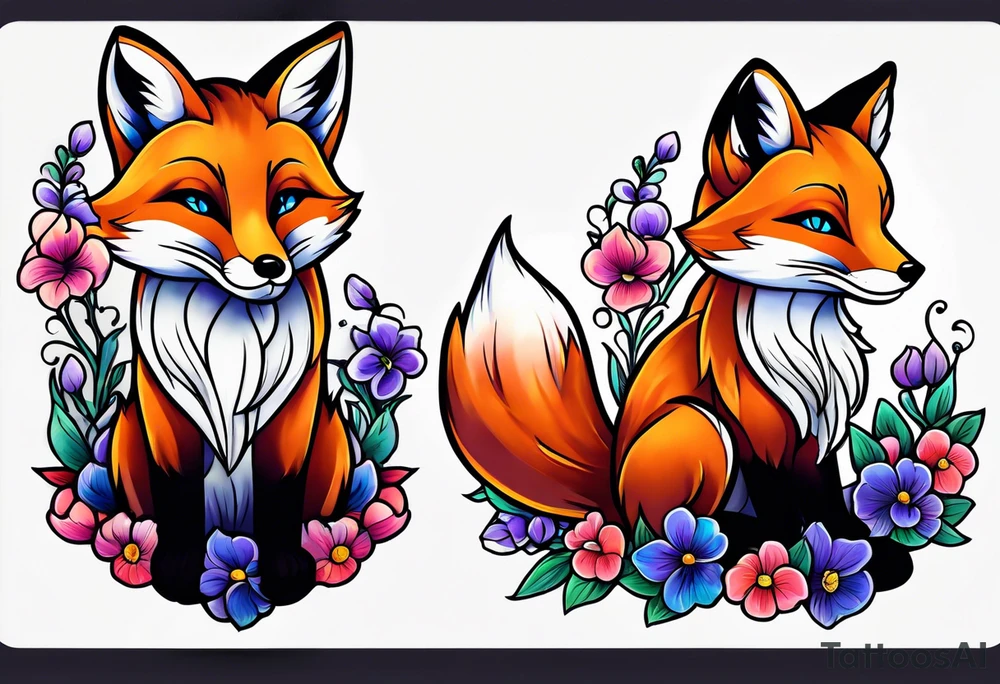 Neo traditional fox with violets tattoo idea