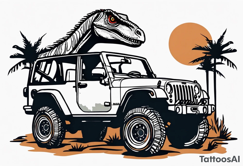 Jurassic Park gates, velociraptor, Jeep front end tattoo idea