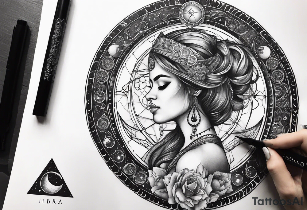 Libra woman holding scales with a night zodiac background including a half moon that encircles half of the woman with vibrant colors tattoo idea