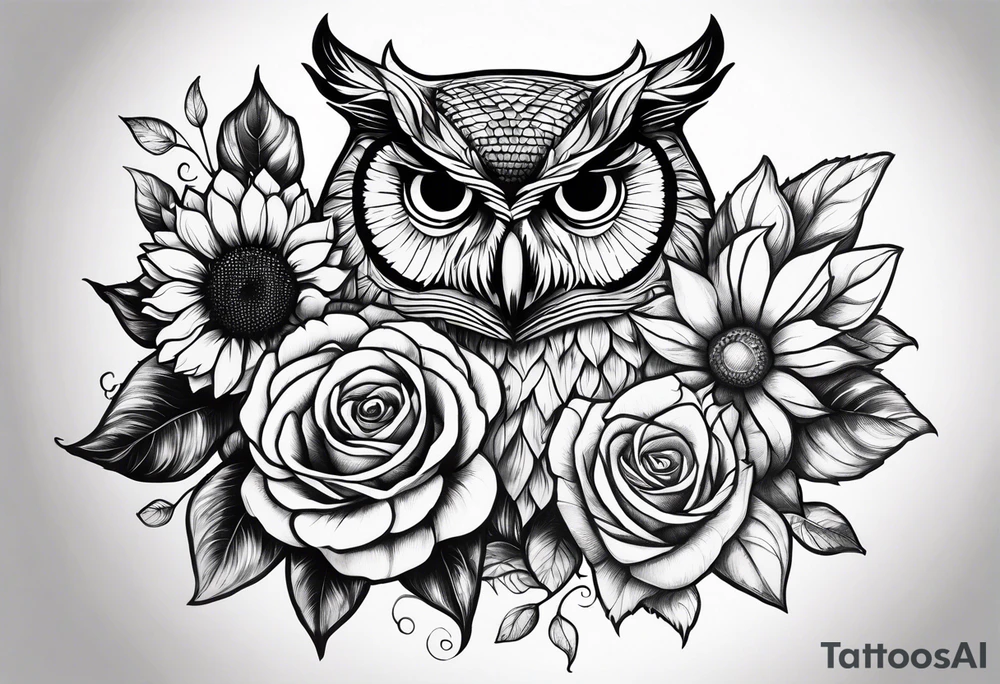 Sunflower and rose flower, owl tattoo idea
