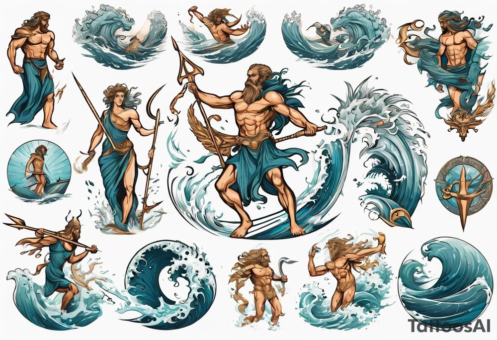 Ancient Greek gods of the sea fighting with surfer and trident tattoo idea