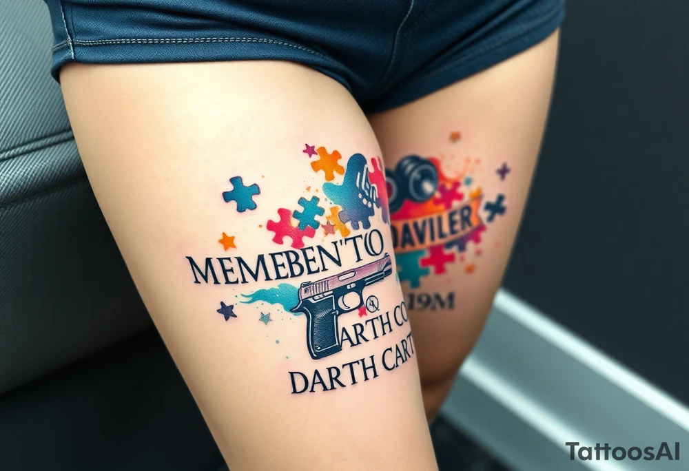 colorful futuristic memory tattoo for passed boyfriend;, star wars, Harley Davidson, skateboarding, puzzle pieces, video games, heaven, god, outdoors, beretta 9mm gun, disc golf, words MEMENTO MORI & DARTH CARTER tattoo idea