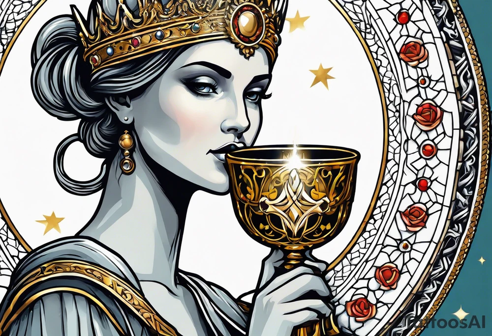 woman saint holding chalice surrounded by golden halo tattoo idea