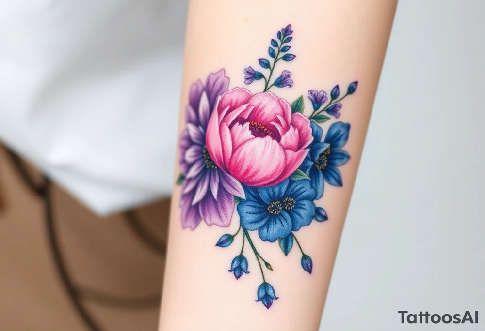 Purple Chrysanthemum, pink Peony, and dark blue Larkspur bouquet tattoo idea