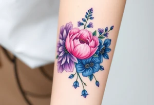 Purple Chrysanthemum, pink Peony, and dark blue Larkspur bouquet tattoo idea