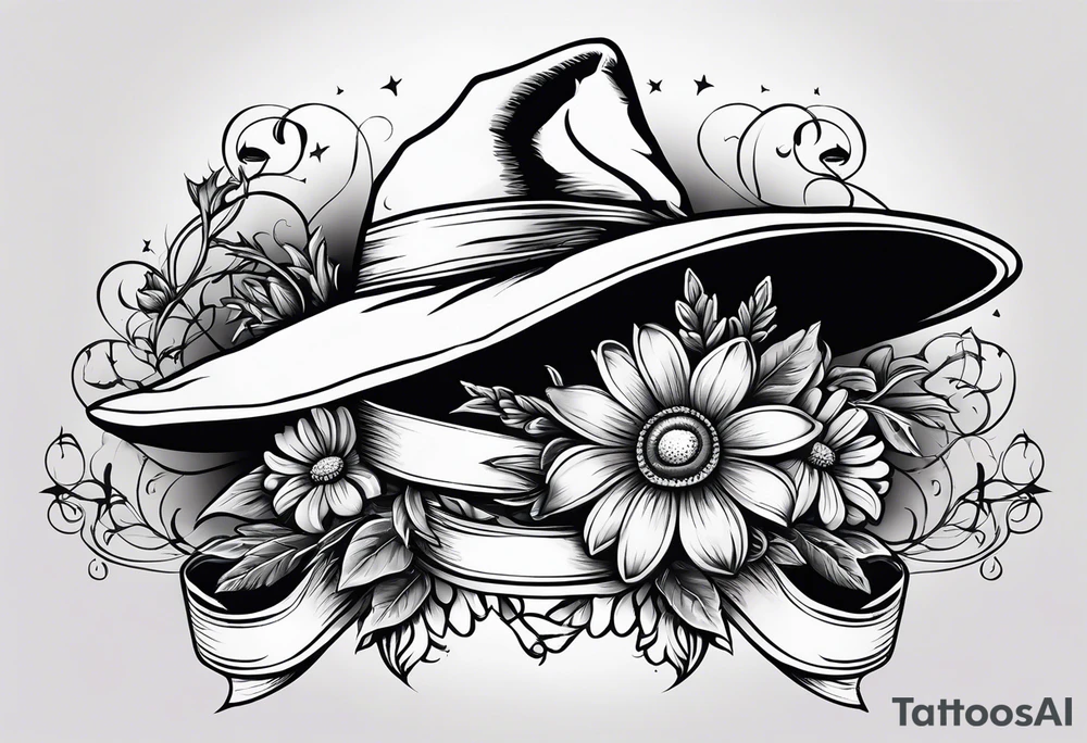 A witch hat tattoo with two ribbons coming down to form a loose bow and daisies and lavender adorning the brim tattoo idea