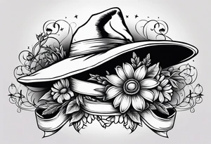 A witch hat tattoo with two ribbons coming down to form a loose bow and daisies and lavender adorning the brim tattoo idea